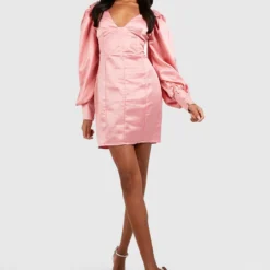 Satin Bodycon-Kleid Mit Volumenärmeln 8 Satin Bodycon-Kleid Mit Volumenärmeln -Diven Stil Verkaufsgeschäft gzz28597 rose xl 2