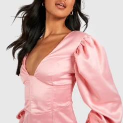 Satin Bodycon-Kleid Mit Volumenärmeln 9 Satin Bodycon-Kleid Mit Volumenärmeln -Diven Stil Verkaufsgeschäft gzz28597 rose xl 3