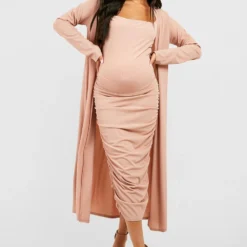 Umstandsmode Geripptes Kleid Mit Wasserfallausschnitt -Diven Stil Verkaufsgeschäft gzz28812 sand xl 2