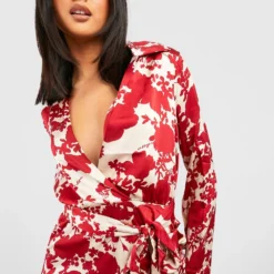 Florales Satin-Kleid Mit Wickel-Detail -Diven Stil Verkaufsgeschäft gzz28962 red xl 3