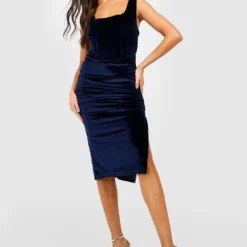 Gerafftes Samt-Kleid Mit Korsett-Detail -Diven Stil Verkaufsgeschäft gzz29645 navy xl 2
