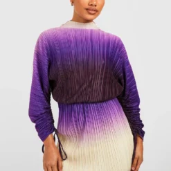 Plissee-Kleid Mit Gerafften Ärmeln Und Farbverlauf -Diven Stil Verkaufsgeschäft gzz29774 purple xl 2
