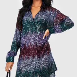 Tall Gestreiftes Pailletten Hemd-Kleid -Diven Stil Verkaufsgeschäft gzz30834 teal xl 2