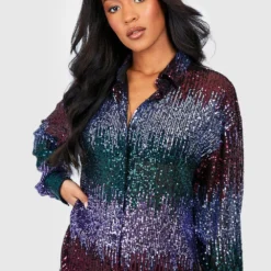 Tall Gestreiftes Pailletten Hemd-Kleid -Diven Stil Verkaufsgeschäft gzz30834 teal xl 3