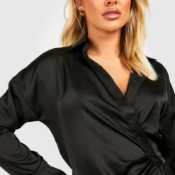 Satin Hemd-Kleid Mit Bindegürtel -Diven Stil Verkaufsgeschäft gzz33125 black xl 3