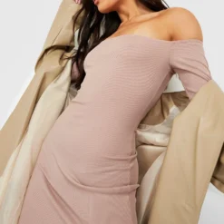 Langärmliges Geripptes Basic Bardot Bodycon-Kleid 9 Langärmliges Geripptes Basic Bardot Bodycon-Kleid -Diven Stil Verkaufsgeschäft gzz34117 stone xl 3