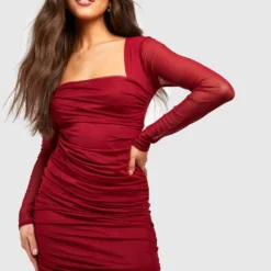 Gerafftes Mesh Bodycon-Kleid Mit Geradem Ausschnitt -Diven Stil Verkaufsgeschäft gzz34515 berry xl 2 scaled