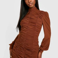 Petite Hochgeschlossenes Gerafftes Mesh Bodycon-Kleid