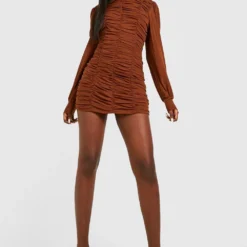 Petite Hochgeschlossenes Gerafftes Mesh Bodycon-Kleid 8 Petite Hochgeschlossenes Gerafftes Mesh Bodycon-Kleid -Diven Stil Verkaufsgeschäft gzz34621 chocolate xl 2