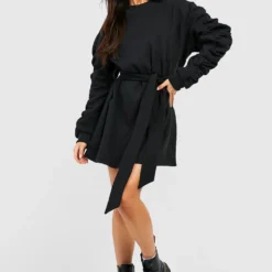 Sweatshirt-Kleid Mit Rüschenärmeln Und Gürtel -Diven Stil Verkaufsgeschäft gzz35898 black xl 2