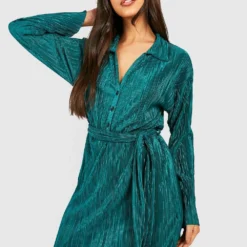 Plissee Hemd-Kleid Mit Bindegürtel -Diven Stil Verkaufsgeschäft gzz35933 emerald xl 2