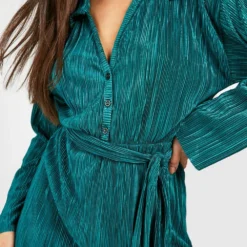 Plissee Hemd-Kleid Mit Bindegürtel -Diven Stil Verkaufsgeschäft gzz35933 emerald xl 3