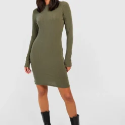 Langärmliges Geripptes Kleid Mit Seitenschlitz 8 Langärmliges Geripptes Kleid Mit Seitenschlitz -Diven Stil Verkaufsgeschäft gzz37919 khaki xl 2