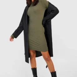 Langärmliges Geripptes Kleid Mit Seitenschlitz 9 Langärmliges Geripptes Kleid Mit Seitenschlitz -Diven Stil Verkaufsgeschäft gzz37919 khaki xl 3