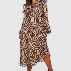 Plus Animalprint Chiffon-Kleid Mit Rüschen