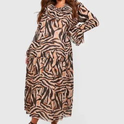 Plus Animalprint Chiffon-Kleid Mit Rüschen 8 Plus Animalprint Chiffon-Kleid Mit Rüschen -Diven Stil Verkaufsgeschäft gzz37975 brown xl 2