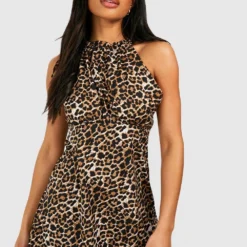 Leopardenprint Kleid Mit Geschnürten Trägern Und Rüschen-Detail