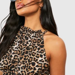 Leopardenprint Kleid Mit Geschnürten Trägern Und Rüschen-Detail -Diven Stil Verkaufsgeschäft gzz38820 brown xl 3