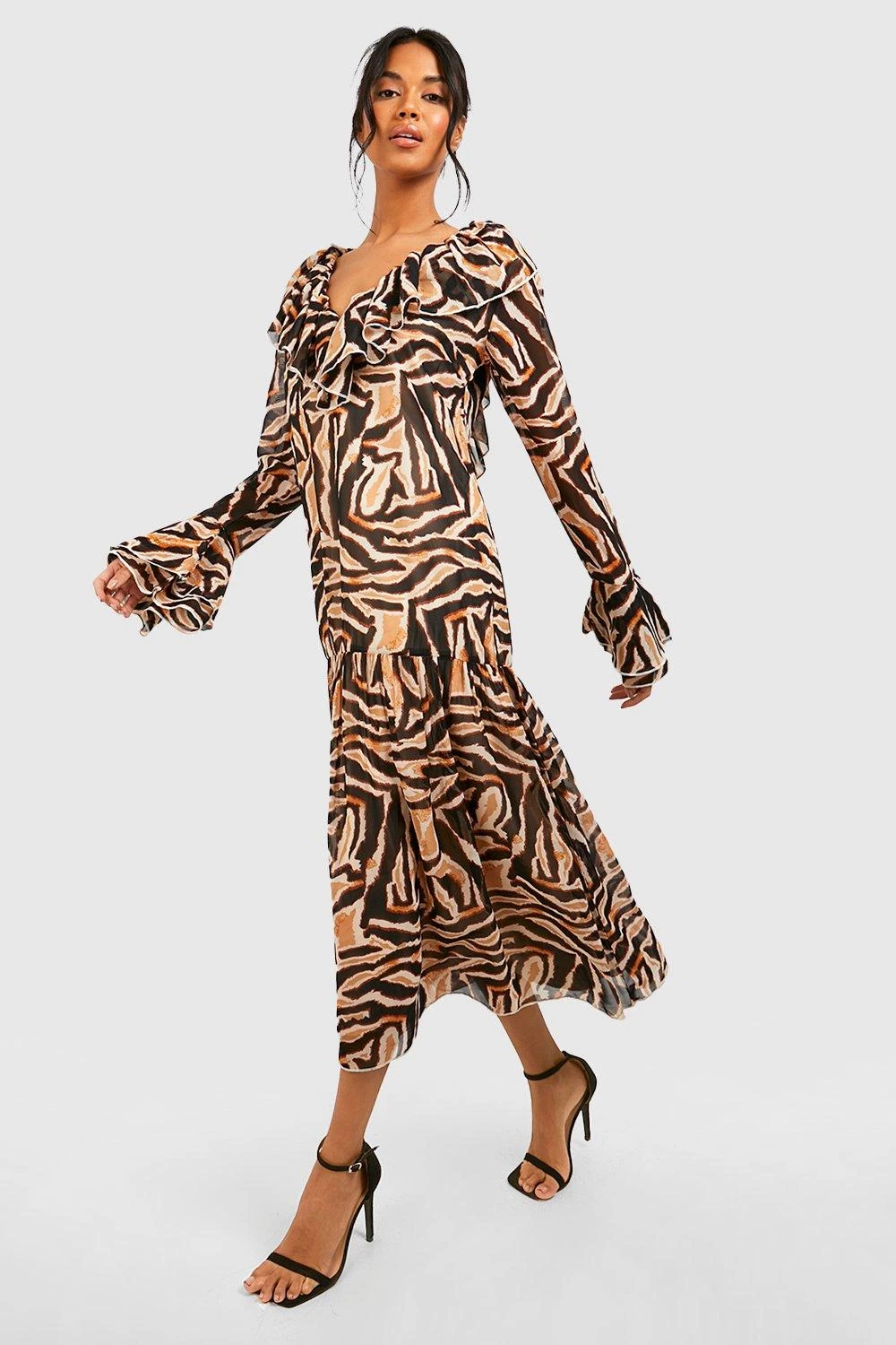 Animalprint Chiffon-Kleid Mit Rüschen 3 Animalprint Chiffon-Kleid Mit Rüschen