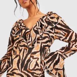 Animalprint Chiffon-Kleid Mit Rüschen 9 Animalprint Chiffon-Kleid Mit Rüschen -Diven Stil Verkaufsgeschäft gzz39010 brown xl 3