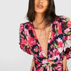 Langärmliges Florales Rüschen-Kleid -Diven Stil Verkaufsgeschäft gzz40247 pink xl 3