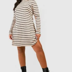 Plus Hochgeschlossenes Geripptes Kleid Mit Streifen -Diven Stil Verkaufsgeschäft gzz40559 stone xl 2