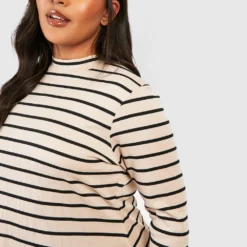 Plus Hochgeschlossenes Geripptes Kleid Mit Streifen -Diven Stil Verkaufsgeschäft gzz40559 stone xl 3