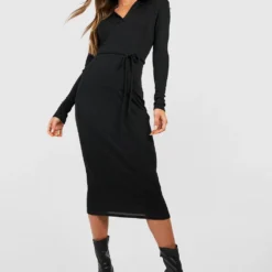 Langärmliges Geripptes Kleid Mit Gürtel -Diven Stil Verkaufsgeschäft gzz41111 black xl 2