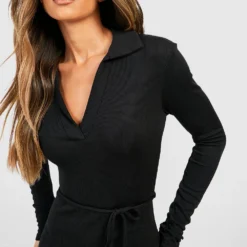 Langärmliges Geripptes Kleid Mit Gürtel -Diven Stil Verkaufsgeschäft gzz41111 black xl 3