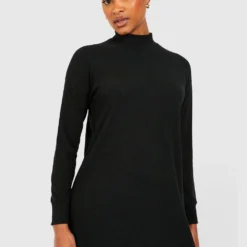 Tall Strukturiertes Geripptes Kleid Mit Trichterkragen Und Langen Ärmeln -Diven Stil Verkaufsgeschäft gzz41454 black xl 2