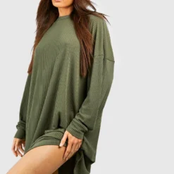Tall Langärmliges Geripptes T-Shirt-Kleid -Diven Stil Verkaufsgeschäft gzz41456 khaki xl 2