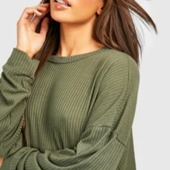 Tall Langärmliges Geripptes T-Shirt-Kleid -Diven Stil Verkaufsgeschäft gzz41456 khaki xl 3