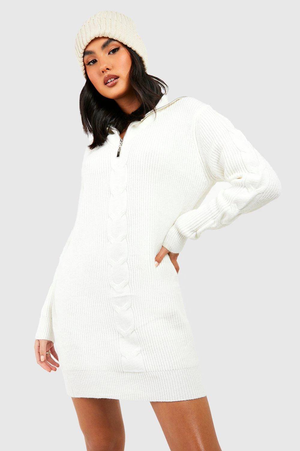 Weiches Premium Zopfmuster-Kleid Mit Halbem Reißverschluss 3 Weiches Premium Zopfmuster-Kleid Mit Halbem Reißverschluss