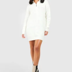 Weiches Premium Zopfmuster-Kleid Mit Halbem Reißverschluss 8 Weiches Premium Zopfmuster-Kleid Mit Halbem Reißverschluss -Diven Stil Verkaufsgeschäft gzz42706 ivory xl 2