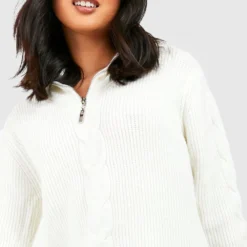 Weiches Premium Zopfmuster-Kleid Mit Halbem Reißverschluss 9 Weiches Premium Zopfmuster-Kleid Mit Halbem Reißverschluss -Diven Stil Verkaufsgeschäft gzz42706 ivory xl 3