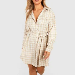 Plus Kariertes Hemd-Kleid Mit Gürtel -Diven Stil Verkaufsgeschäft gzz44280 stone xl 2