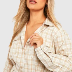 Plus Kariertes Hemd-Kleid Mit Gürtel -Diven Stil Verkaufsgeschäft gzz44280 stone xl 3