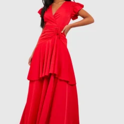 Tall Rüschen Wickel-Kleid Mit Weiten Ärmeln -Diven Stil Verkaufsgeschäft gzz46904 cherry xl 2
