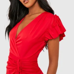 Tall Rüschen Wickel-Kleid Mit Weiten Ärmeln -Diven Stil Verkaufsgeschäft gzz46904 cherry xl 3