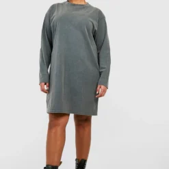 Plus Langärmliges T-Shirt-Kleid Aus Baumwolle Mit Acid-Waschung 8 Plus Langärmliges T-Shirt-Kleid Aus Baumwolle Mit Acid-Waschung -Diven Stil Verkaufsgeschäft gzz46939 grey xl 2