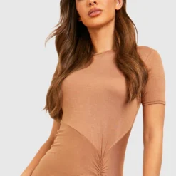 Gerafftes Midi T-Shirt-Kleid -Diven Stil Verkaufsgeschäft gzz47211 camel xl 3