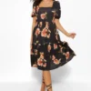 Gestuftes Midi-Kleid Mit Geradem Ausschnitt Und Blumenmuster -Diven Stil Verkaufsgeschäft gzz47542 black xl