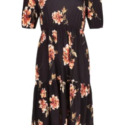 Gestuftes Midi-Kleid Mit Geradem Ausschnitt Und Blumenmuster 8 Gestuftes Midi-Kleid Mit Geradem Ausschnitt Und Blumenmuster -Diven Stil Verkaufsgeschäft gzz47542 black xl 2