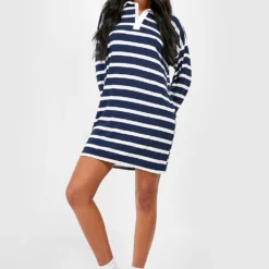 Tall Sweatshirt-Kleid Mit Streifen Und Rugby-Kragen -Diven Stil Verkaufsgeschäft gzz47931 navy xl 2