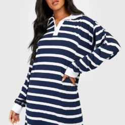 Tall Sweatshirt-Kleid Mit Streifen Und Rugby-Kragen -Diven Stil Verkaufsgeschäft gzz47931 navy xl 3
