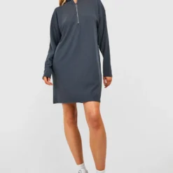 Tall Geripptes Sweatshirt-Kleid Mit Halbem Reißverschluss -Diven Stil Verkaufsgeschäft gzz47932 charcoal xl 2