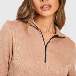 Geripptes Kleid Mit Halbem Reißverschluss -Diven Stil Verkaufsgeschäft gzz48100 stone xl 3