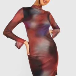 Hochgeschlossenes Gemustertes Mesh Bodycon-Kleid