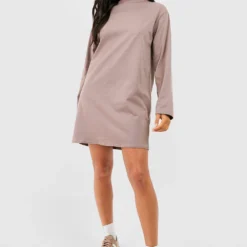 Langärmliges T-Shirt-Kleid Aus Baumwollmischung -Diven Stil Verkaufsgeschäft gzz48120 mocha xl 2