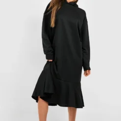 Midi Hoodie Sweatshirt-Kleid Mit Rüschen -Diven Stil Verkaufsgeschäft gzz48826 black xl 2